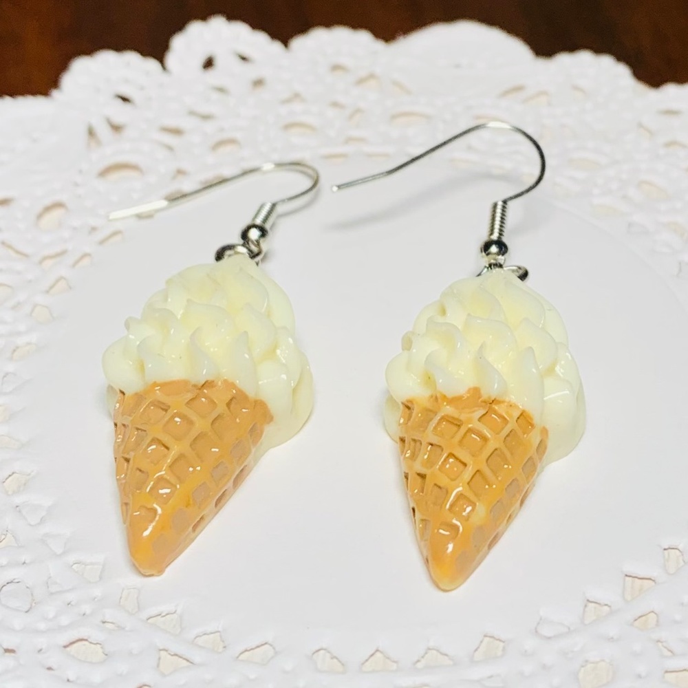 Fanciful Vanilla Ice Cream Cone Drop Earrings